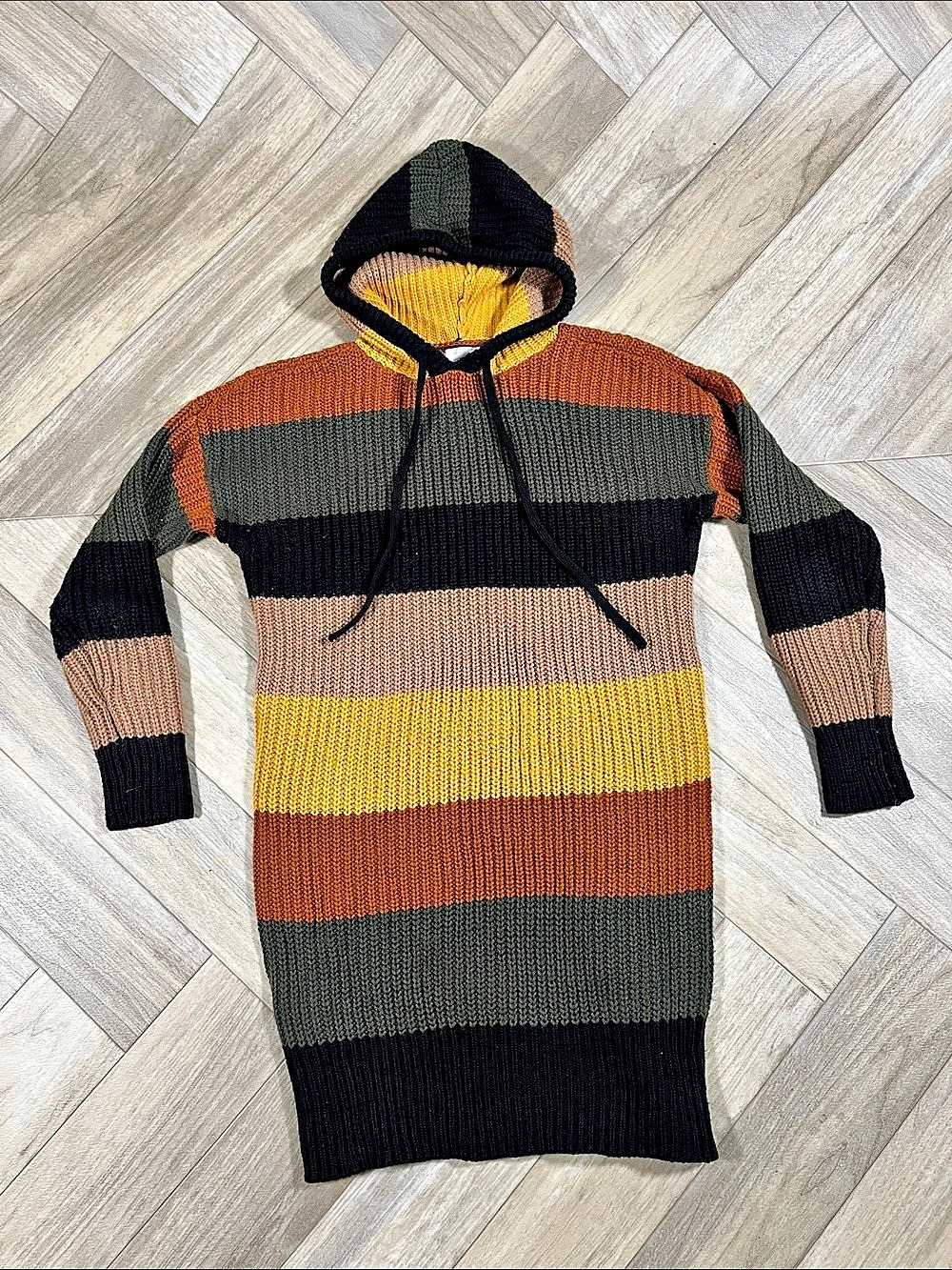 Full Circle Trend Striped Sweater Dress Hoody in Black, Green, Orange, Gold & Br